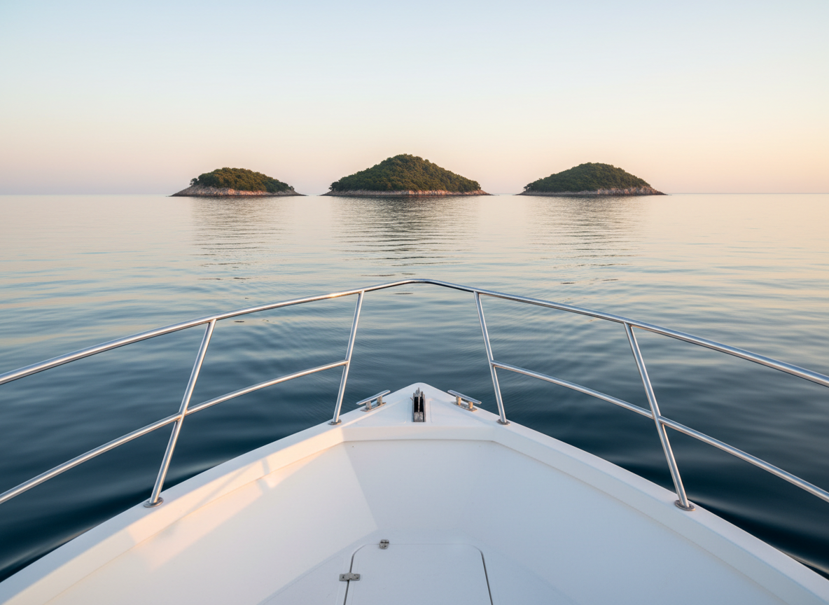 A close-up, eye-level view from the bow of a tour boat cutting gently through calm Ksamil waters, with the tip of the boat’s white hull leading toward three small, lush green islands in the distance. The stainless-steel railings catch the soft glow of early-morning light, while the sea reflects pastel hues of pale blue and peach. Gentle ripples fan out from the bow, creating a subtle sense of movement. The background islands are softly focused, emphasizing destination and exploration. The mood is peaceful and anticipatory, ideal for full-day adventures starting at dawn. Photographic realism with a clean, modern travel aesthetic, using a centered composition and moderate depth of field to keep both the boat’s bow and the distant islands clearly readable.