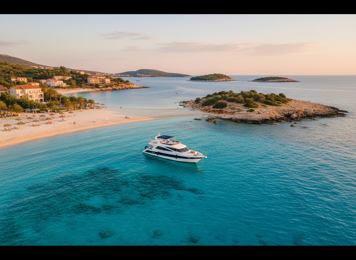 A panoramic, wide-angle view from just offshore, showcasing Ksamil’s white-sand beach, rocky coves, and nearby islands, with a single modern tour boat positioned prominently in the midground. The boat’s crisp white hull and dark blue accents contrast with the vivid turquoise water and muted earth tones of rocky headlands. Late-afternoon golden light warms the shoreline buildings and vegetation, while the water remains bright and transparent. The scene is calm, with only gentle waves lapping against the boat. Photographic realism with professional travel-magazine quality, capturing fine details in both foreground and background. The composition follows the rule of thirds, balancing sea, land, and sky to highlight the setting where tours begin and end, evoking reliability and relaxed exploration.