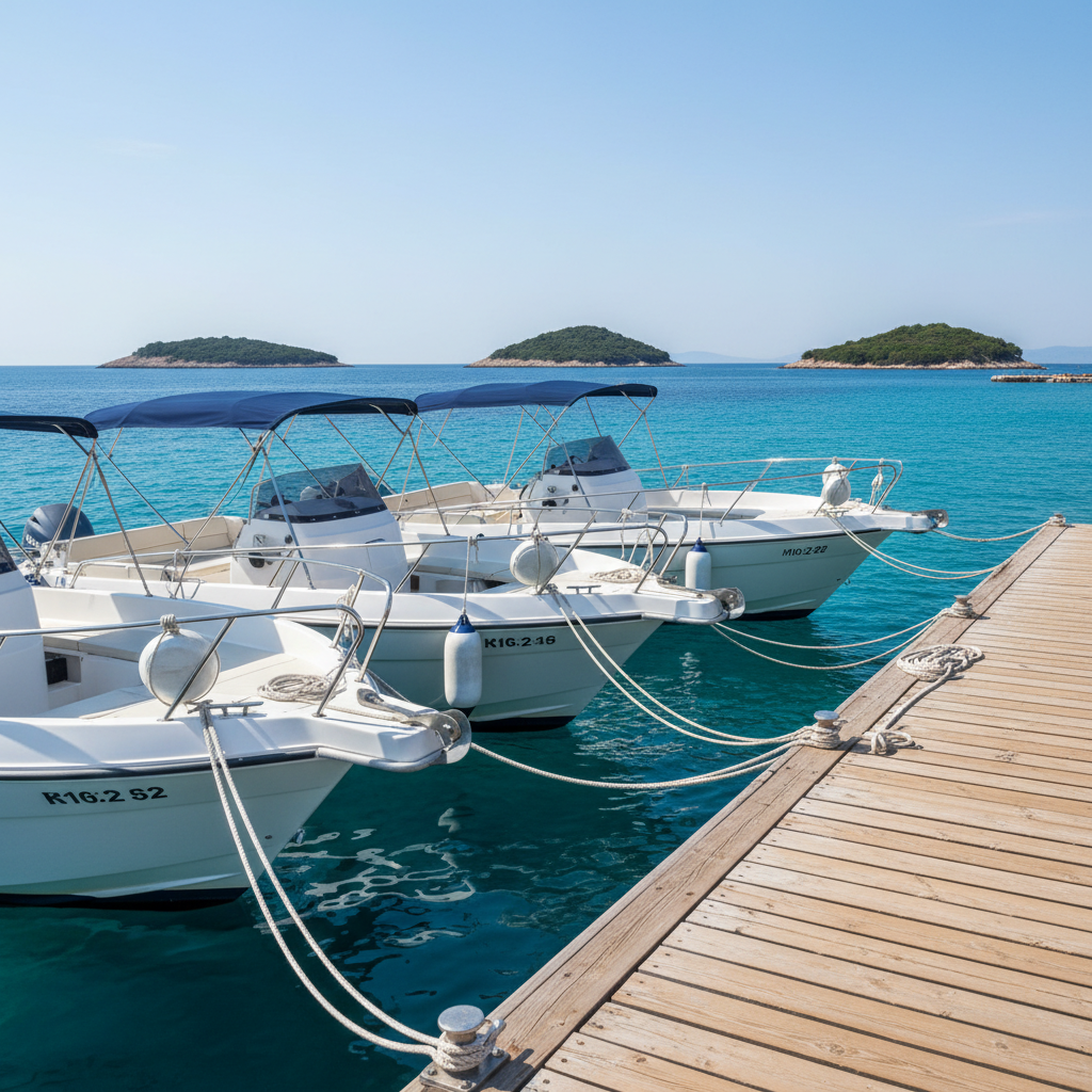 A small fleet of modern tour boats moored side by side at a tidy Ksamil pier, each with pristine white hulls, neatly coiled ropes, and navy-blue canopies. The wooden dock planks show subtle weathering, with metal cleats and fenders along the edge. Behind the boats, the shoreline curves into a sheltered bay with bright turquoise shallows transitioning to deeper sapphire water. Captured in bright, clear midday sunlight with sharp reflections on the water, the atmosphere feels professional and well-organized. The composition uses the rule of thirds, focusing on the boats in the foreground and the Ksamil coastline in crisp detail. Photographic realism with vivid, natural colors, emphasizing reliability, safety, and scenic beauty for boat tours.