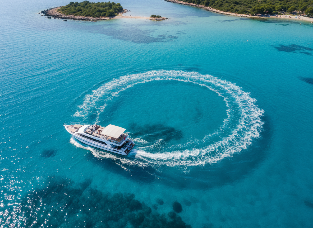 An overhead, bird’s-eye view of a tour boat tracing a smooth white wake through the impossibly clear, turquoise waters near Ksamil’s islands. The boat’s streamlined white deck, sun canopy, and distinct silhouette stand out against underwater rock formations and patches of pale sand visible beneath the surface. The lighting is bright and natural, typical of a clear summer midday, creating sharp contrasts and vibrant blues and greens. The composition emphasizes the sweeping curve of the boat’s path through the water, conveying motion and adventure while remaining clean and professional. Photographic realism with high clarity and saturated yet natural color, capturing the essence of a scenic boat tour route from an inspiring, map-like perspective.