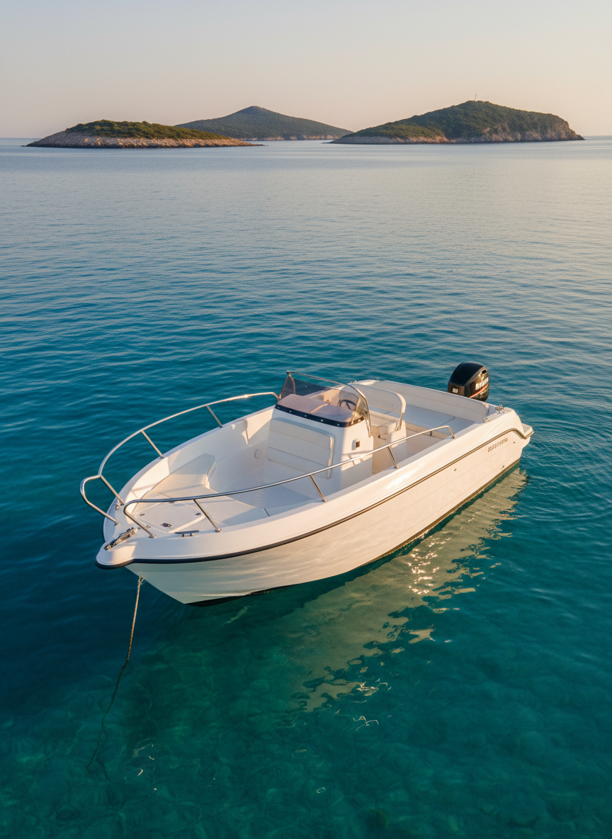 A sleek white motorboat with a polished fiberglass hull and stainless-steel railings, anchored in crystal-clear turquoise water just off the coast of Ksamil. The boat’s chrome details glint under warm late-afternoon sunlight, with soft ripples creating shimmering reflections on the surface. In the distance, small green islands and a rocky Albanian shoreline rise gently from the sea, slightly blurred to emphasize the boat. Photographic realism with a professional, travel-brochure aesthetic, shot from a slightly elevated angle. The mood is serene and inviting, showcasing calm seas, deep blue horizons, and a clean, uncluttered deck ready for tours. Golden-hour lighting casts gentle, elongated shadows and gives the scene a warm, welcoming glow.
